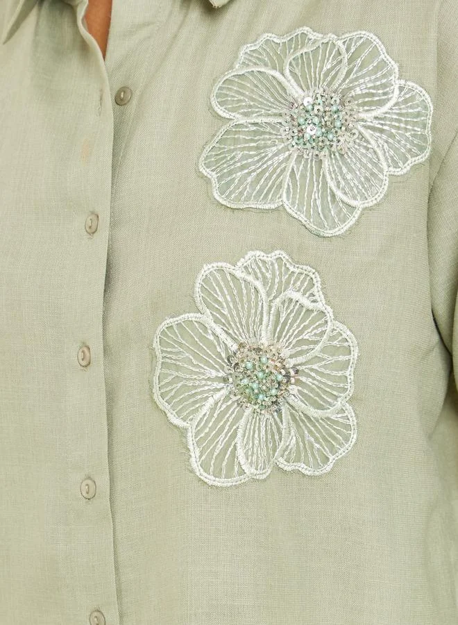 Styli Women Green Floral Embroidered Long Sleeve Shirt